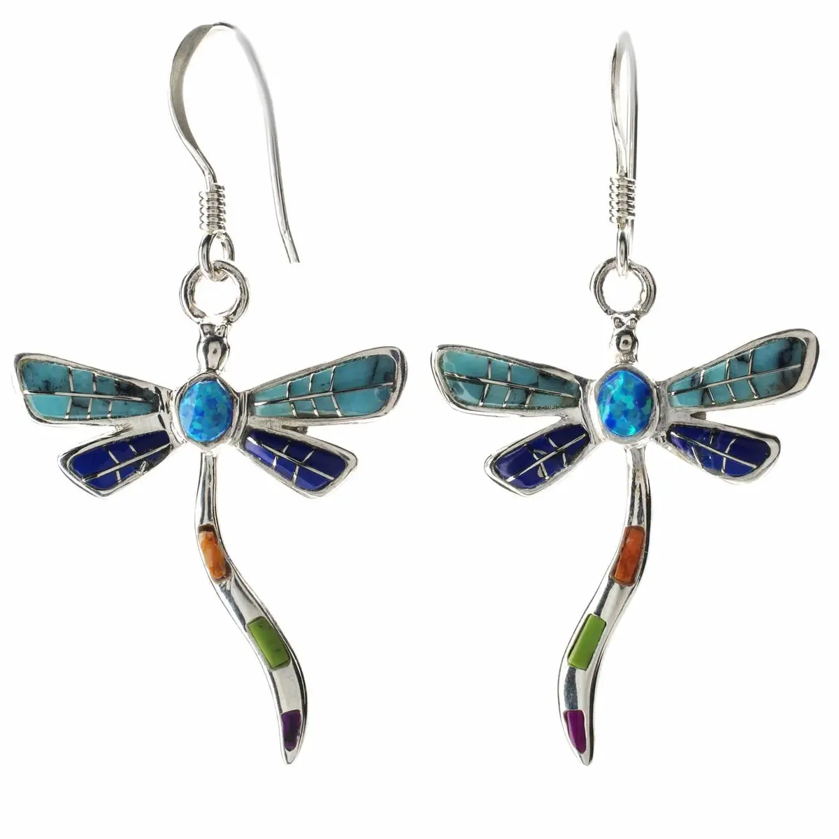 Multi-Gemstone Dragonfly 925 Sterling Silver Earring With French Hook Usa Handmade With Aqua Opal Accent 1