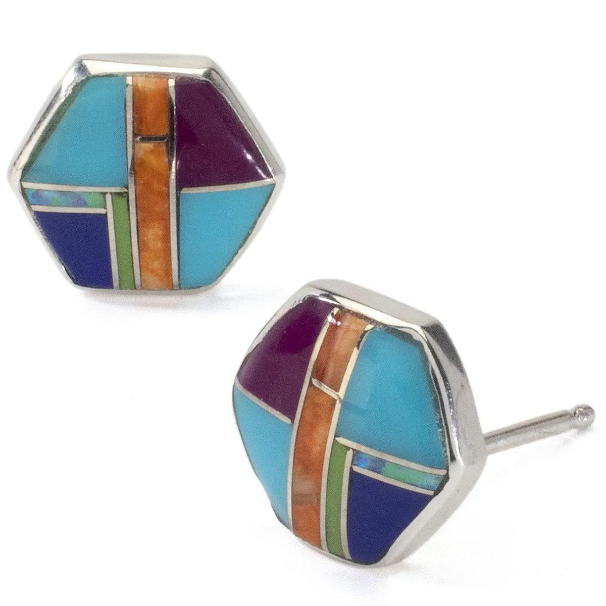 Multi Gemstone Hexagon Usa Handmade 925 Sterling Silver With Stud Backing 1