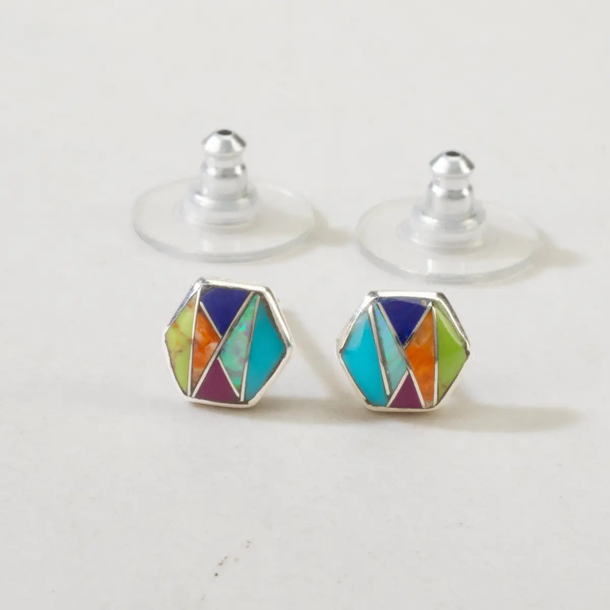 Multi Gemstone Hexagon Usa Handmade 925 Sterling Silver Earrings With Stud Backing 1