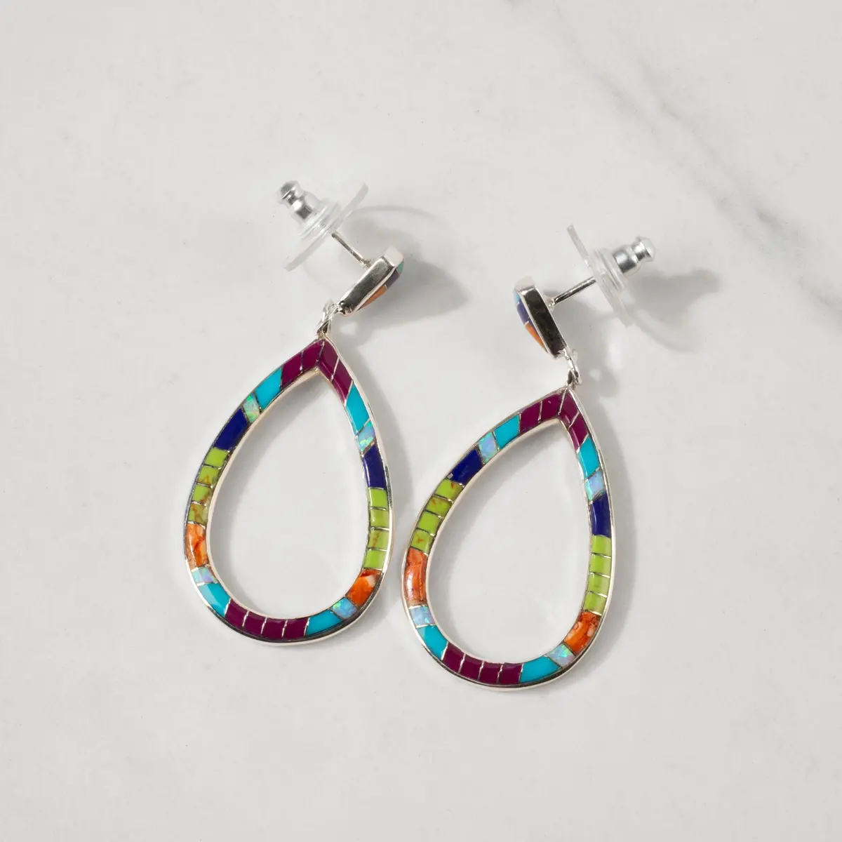 Multi Gemstone Hollow Teardrop 925 Sterling Silver Usa Handmade Earrings With Stud Backing 1
