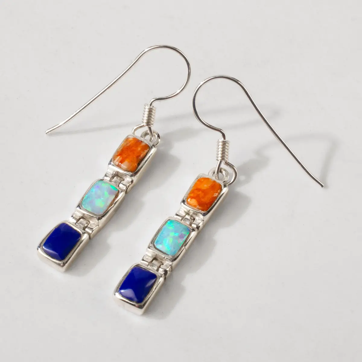 Multi Gemstone Rectangle 925 Sterling Silver Usa Handmade Earrings With French Hook Backing 1