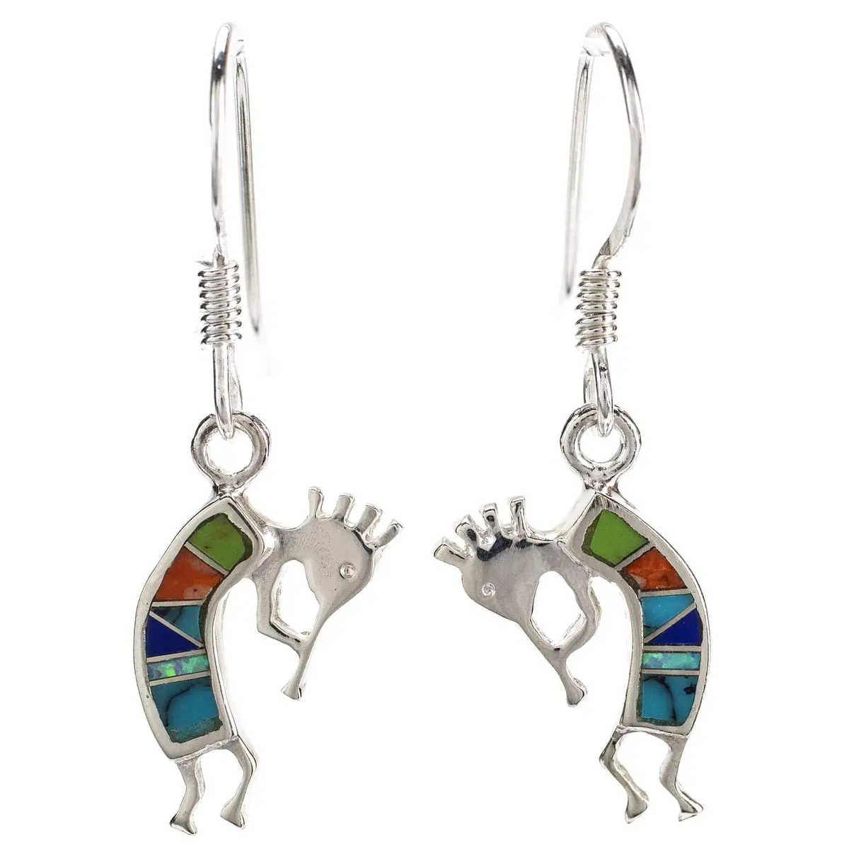 Multi Gemstone Small Kokopelli 925 Sterling Silver Earring With French Hook Usa Handmade With Aqua Opal Accent 1