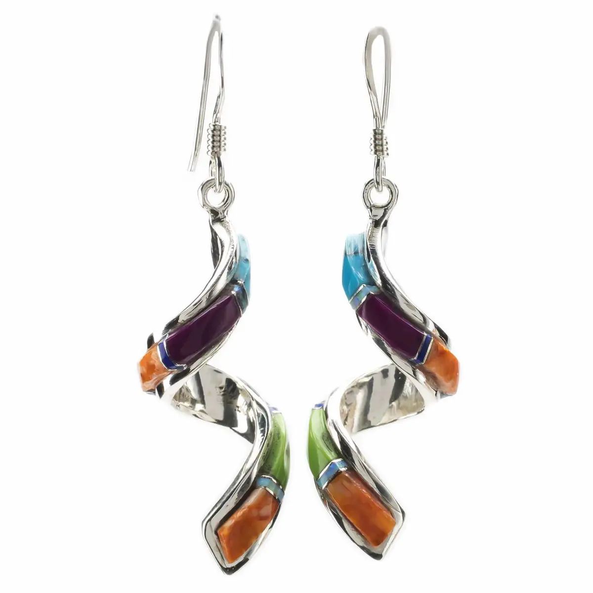 Multi Gemstone Spiral Usa Handmade 925 Sterling Silver Earring With French Hook 1