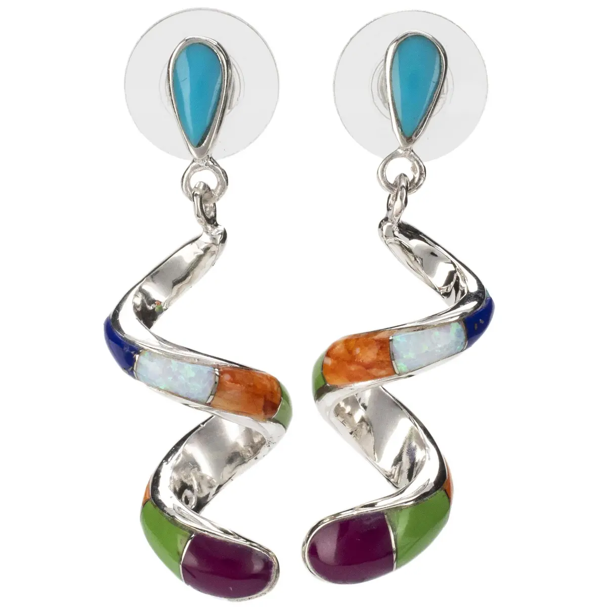 Multi Gemstone Spiral Dangle Usa Handmade 925 Sterling Silver Earrings With Stud Backing 1
