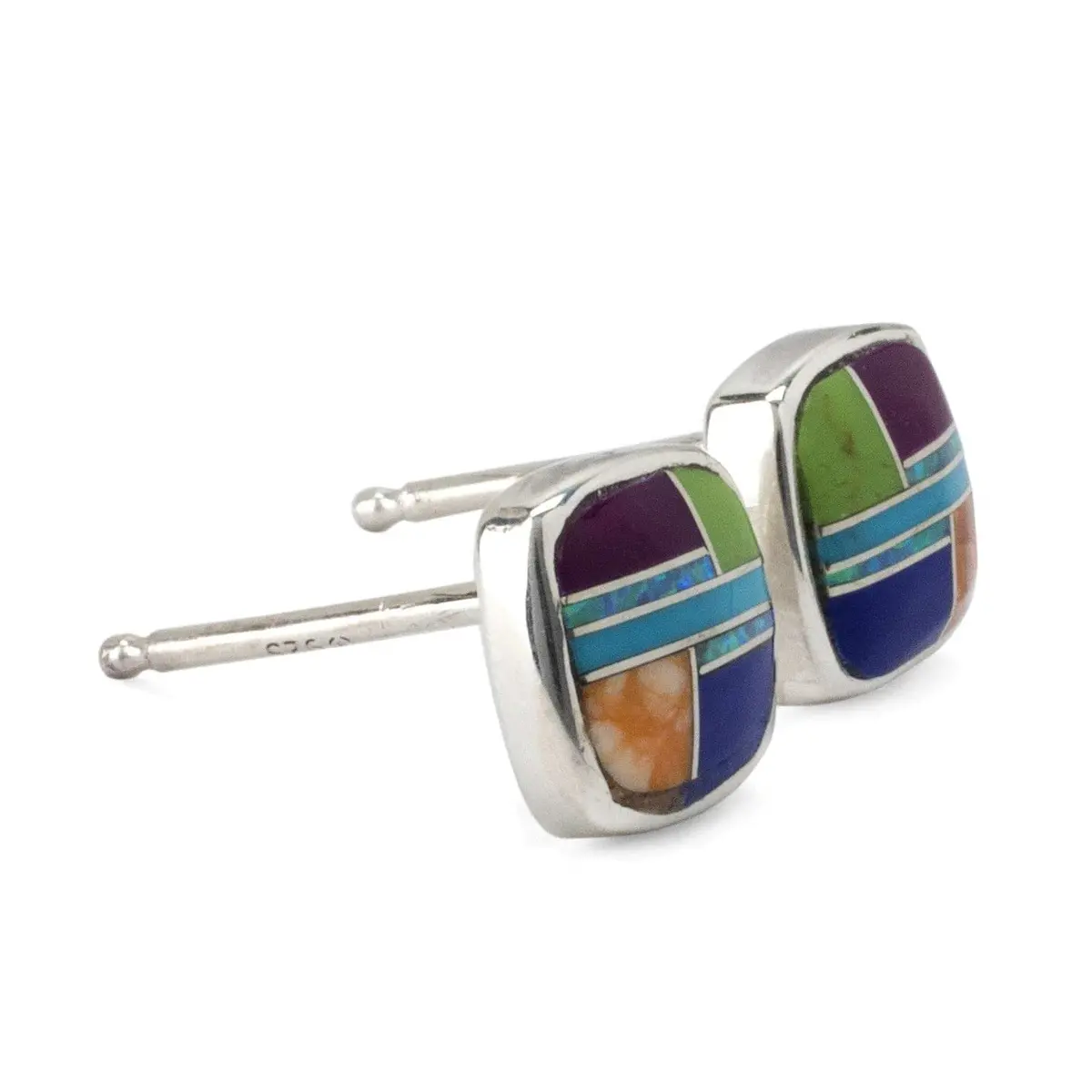 Multi Gemstone Square 925 Sterling Silver Usa Handmade Earring With Stud Backing 1