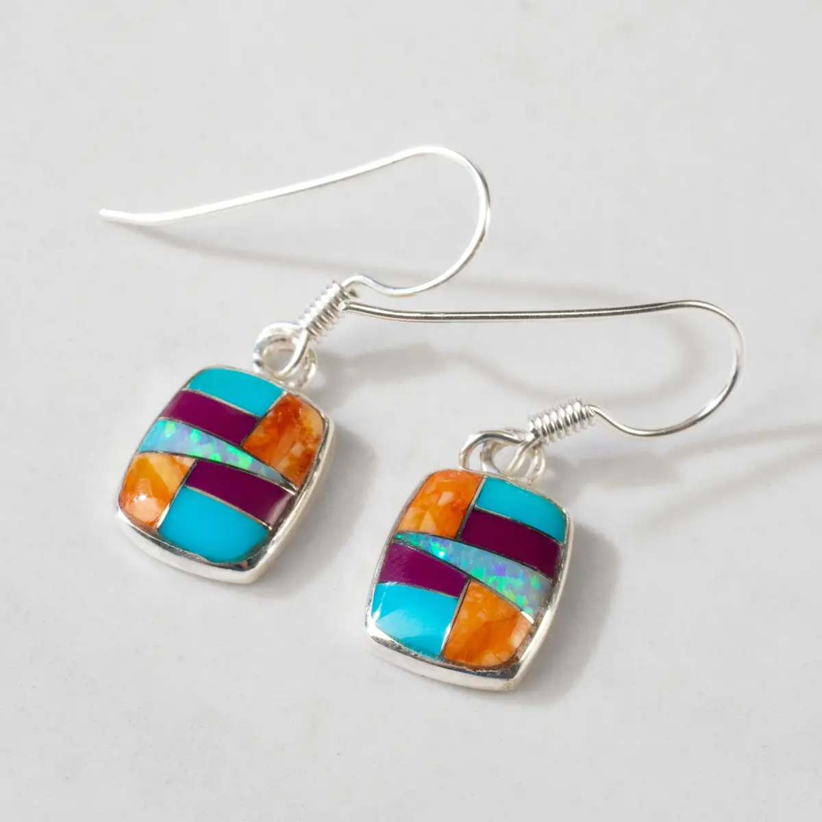 Multi Gemstone Square 925 Sterling Silver Usa Hanmade With French Hook 1