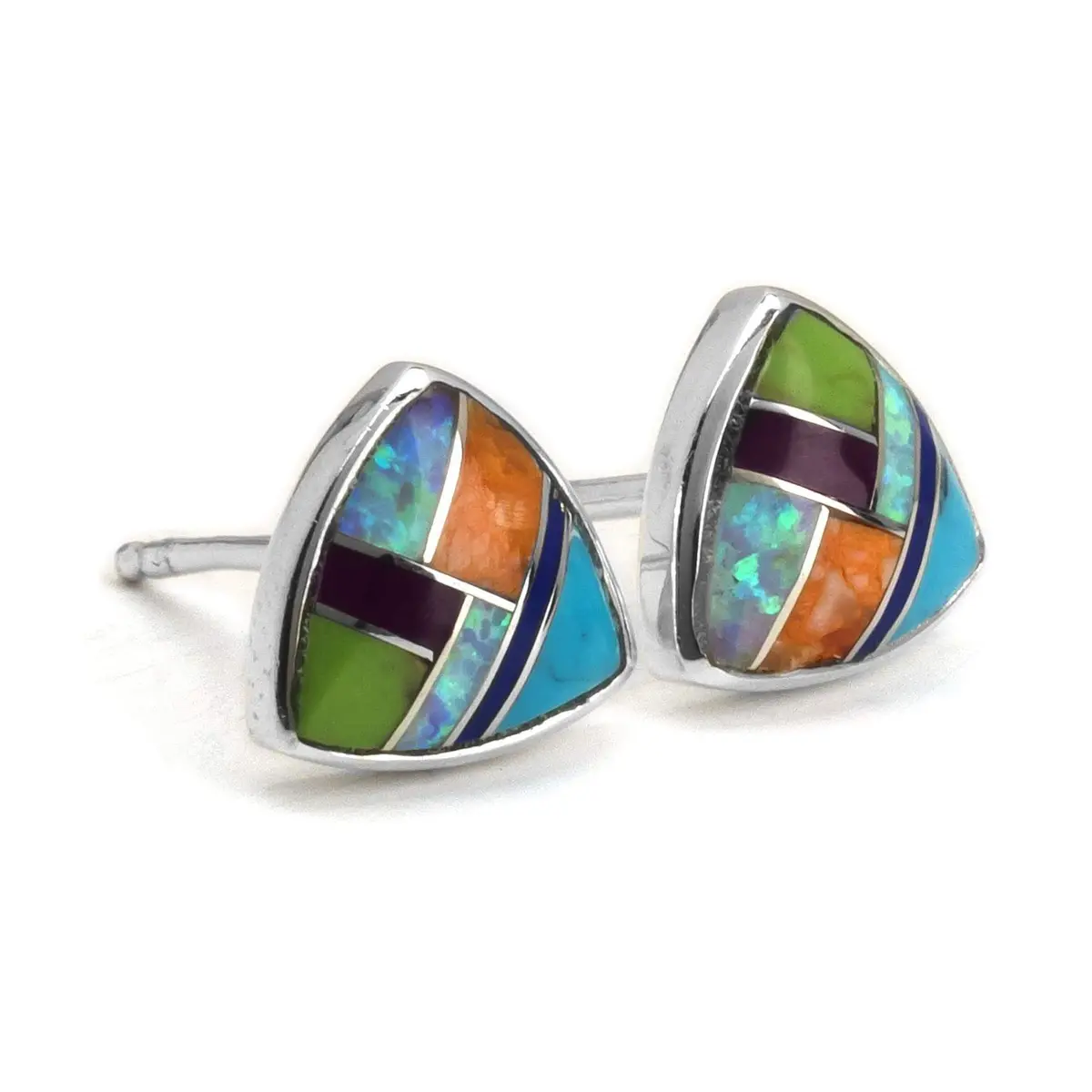 Multi Gemstone Triangle 925 Sterling Silver Usa Handmade Earring With Stud Backing 1