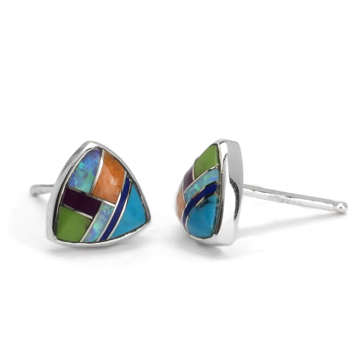 Multi Gemstone Triangle 925 Sterling Silver Usa Handmade Earring With Stud Backing 2