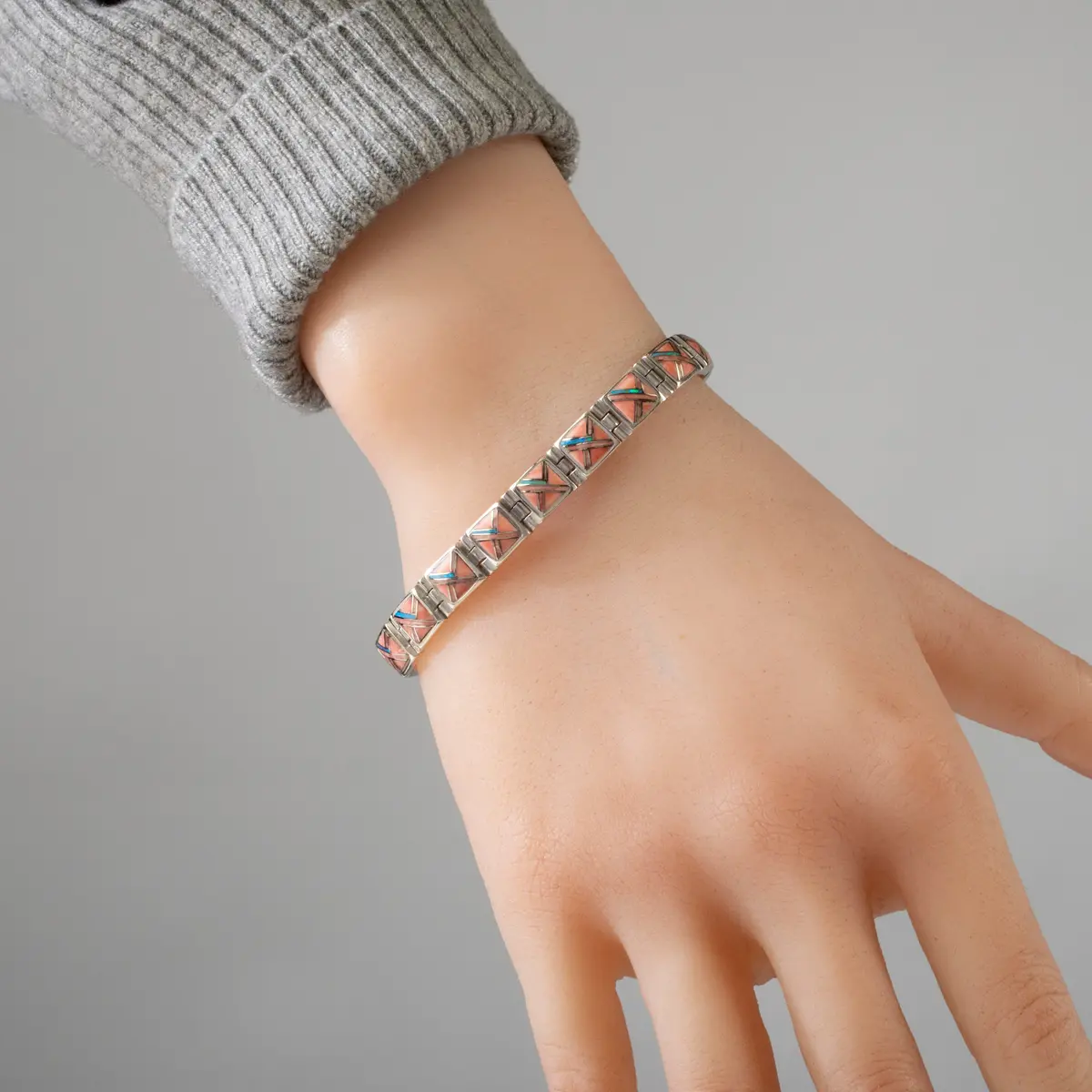 Pink Conch Shell Square 925 Sterling Silver Bracelet Usa Handmade With Opal Accent 1