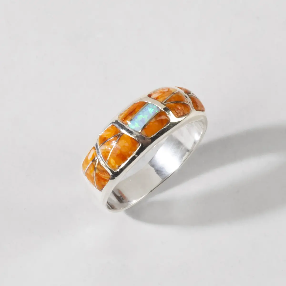 Spiny Oyster Shell 925 Sterling Silver Ring Handmade With Laboratory Opal Accent 1