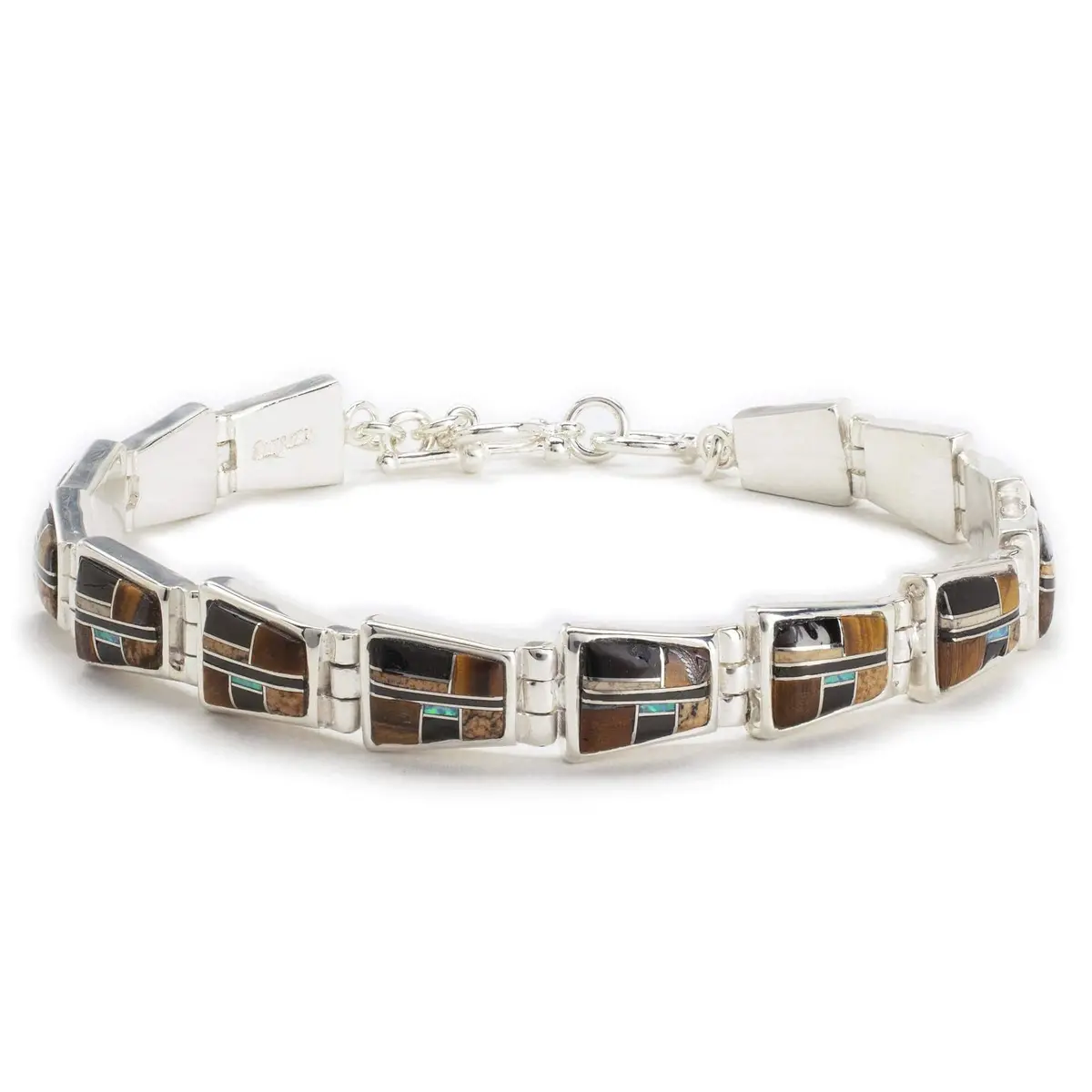 Tiger Eye 925 Sterling Silver Bracelet Usa Handmade With Picture Jasper And Opal Accent 1