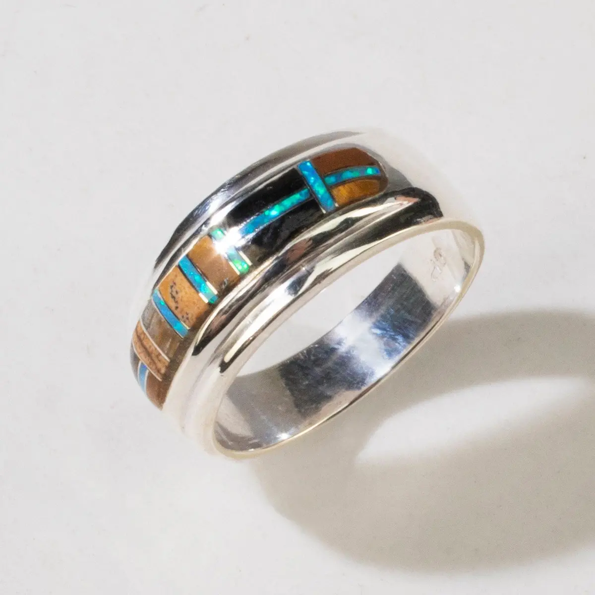 Tiger Eye 925 Sterling Silver Ring Usa Handmade With Laboratory Opal Accent 1