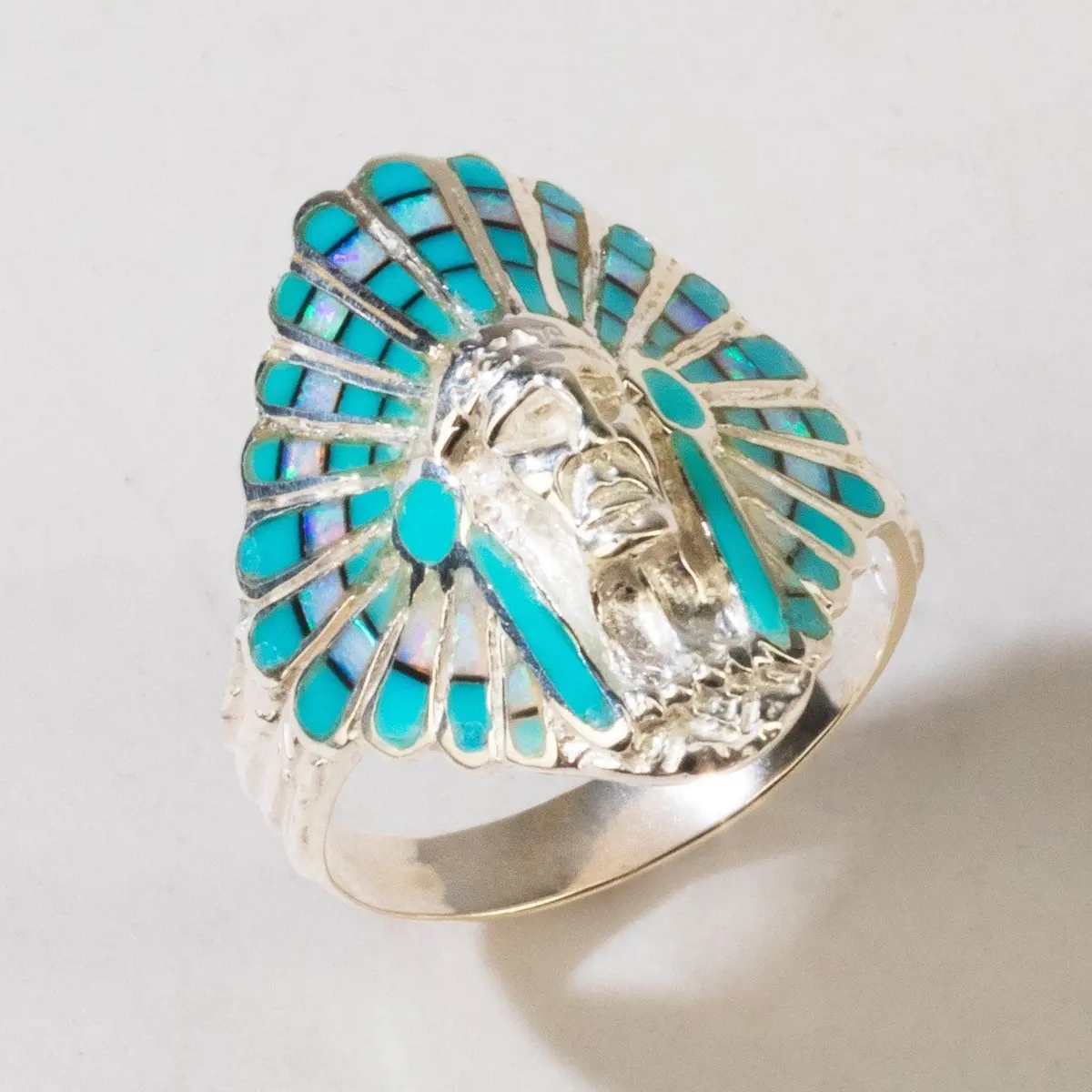 Turquoise Chief Head 925 Sterling Silver Ring Usa Handmade With Laboratory Opal Accent 1