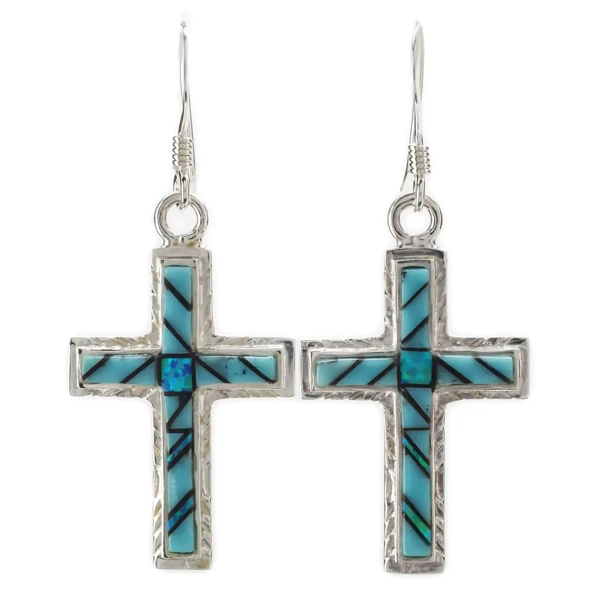 Turquoise Cross 925 Sterling Silver Earring With French Hook Usa Handmade With Aqua Opal Accent 1