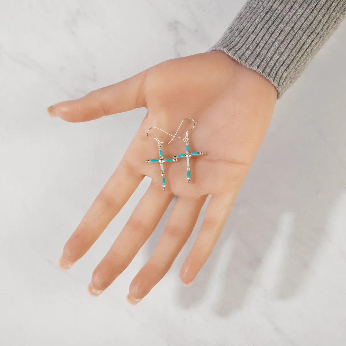 Turquoise & Multi Gem Reversible Cross 925 Sterling Silver Usa Handmade Earring With French Hook 2