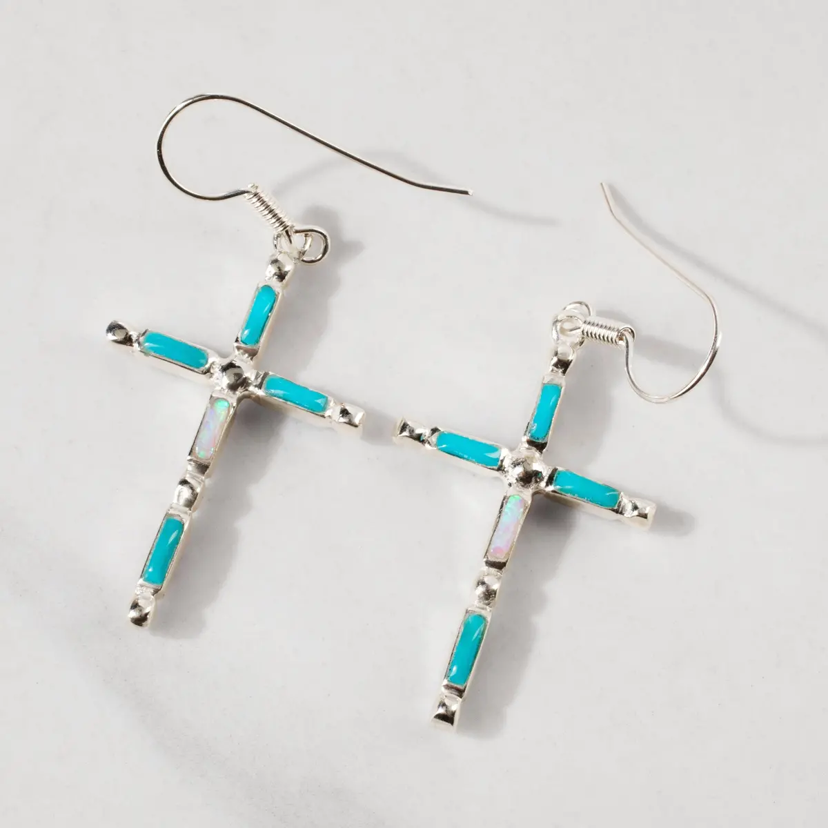 Turquoise & Multi Gem Reversible Cross 925 Sterling Silver Usa Handmade Earring With French Hook 1