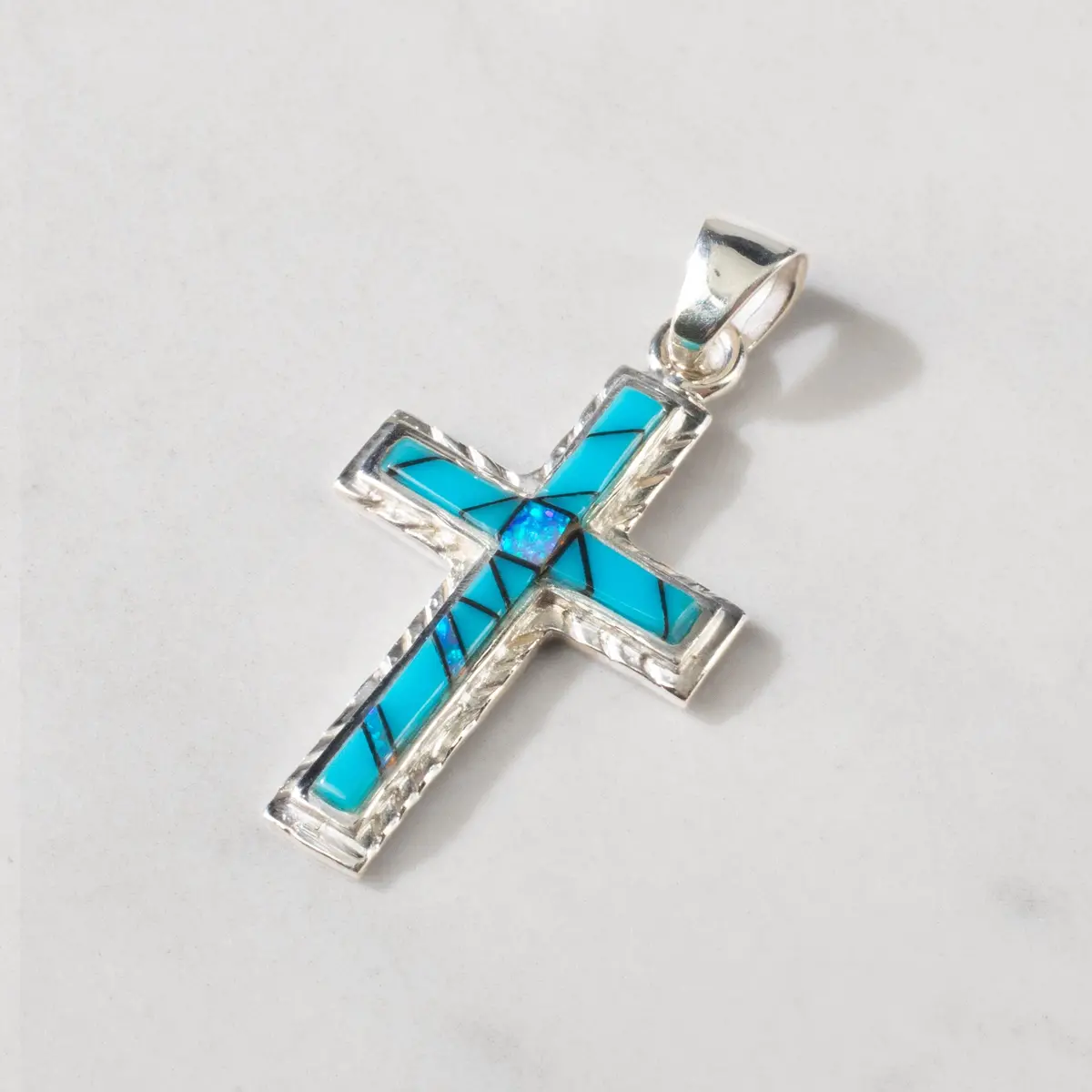 Turquoise Cross 925 Sterling Silver Usa Handmade Pendant With Opal Accent 1