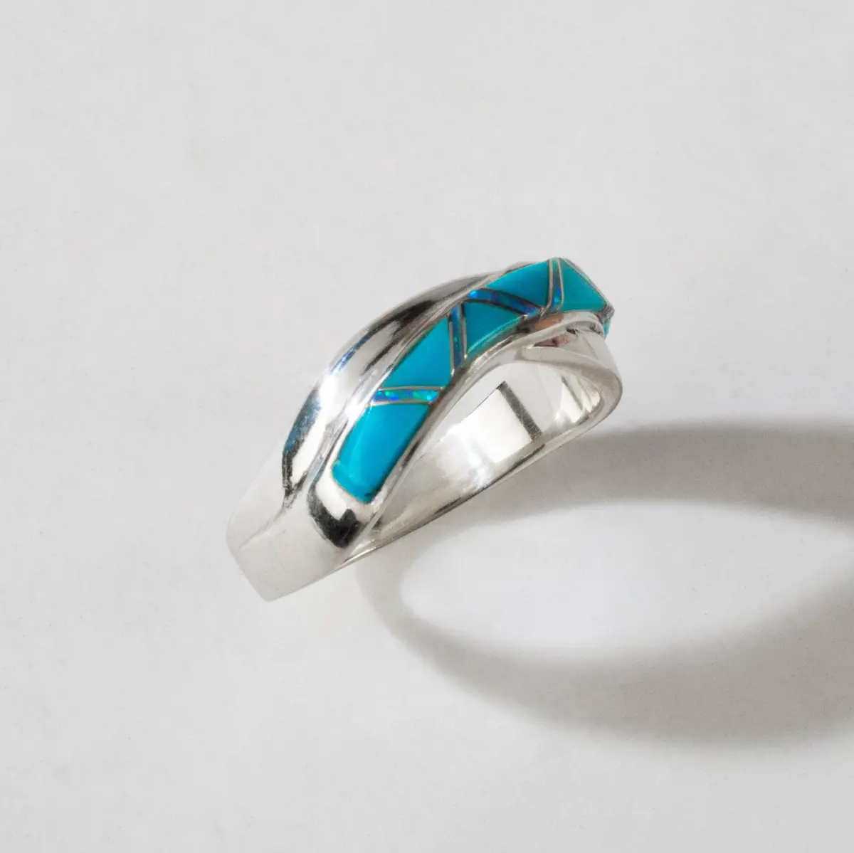 Turquoise Crossover 925 Sterling Silver Ring Usa Handmade With Laboratory Opal Accent 1