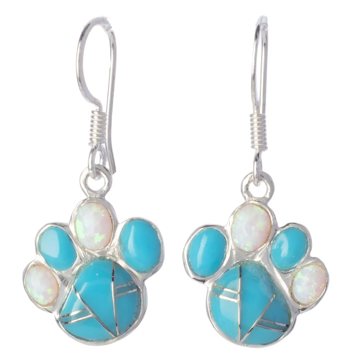 Turquoise Dog Paw Dangle Sterling Silver Earrings With French Hook Usa Handmade With Opal Accent 1