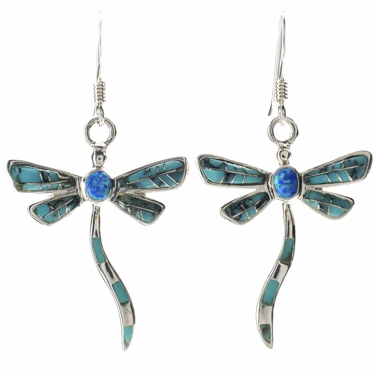 Turquoise Dragonfly 925 Sterling Silver Earring With French Hook Usa Handmade With Aqua Opal Accent 1