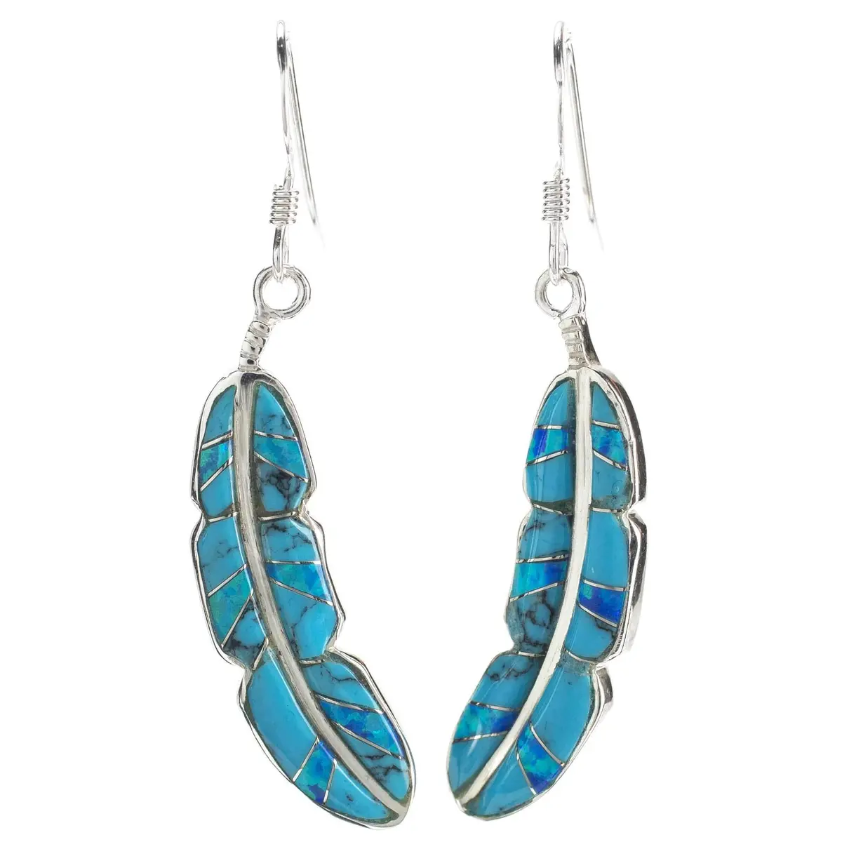 Turquoise Feather 925 Sterling Silver Earring With French Hook Usa Handmade With Aqua Opal Accent 1