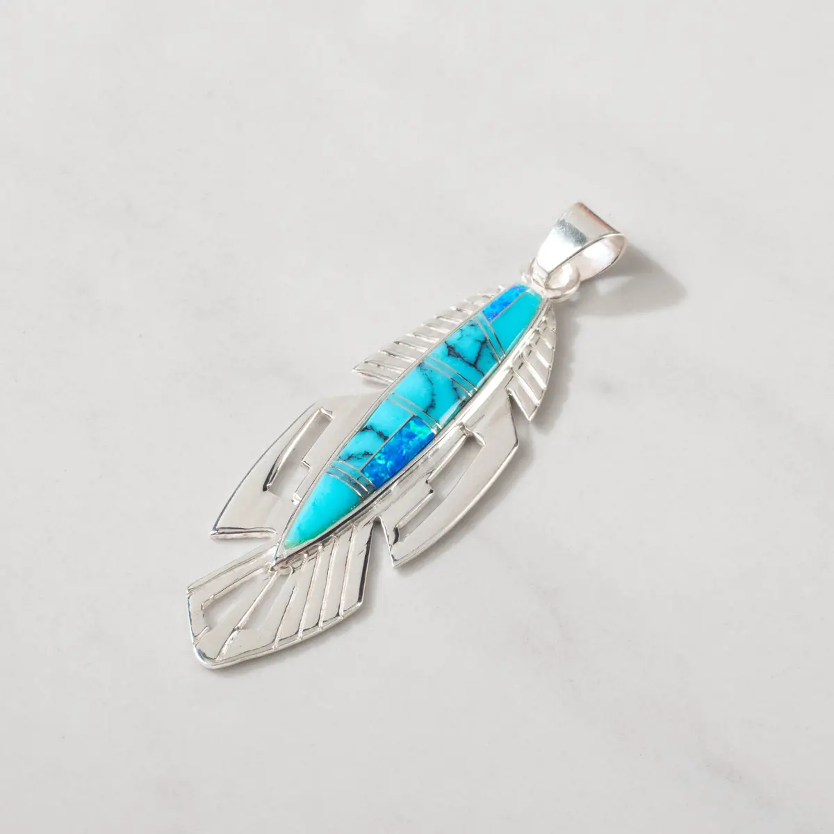 Turquoise Feather 925 Sterling Silver Usa Handmade Pendant With Opal Accent 1