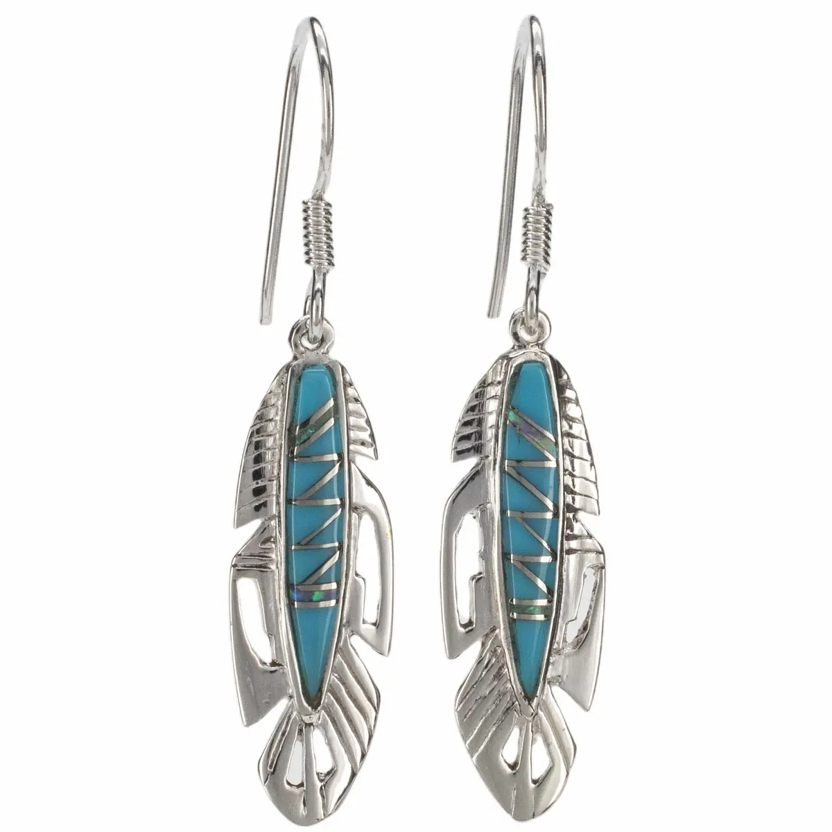 Turquoise Feather 925 Sterling Silver Usa Handmade Earrings With French Hook 1
