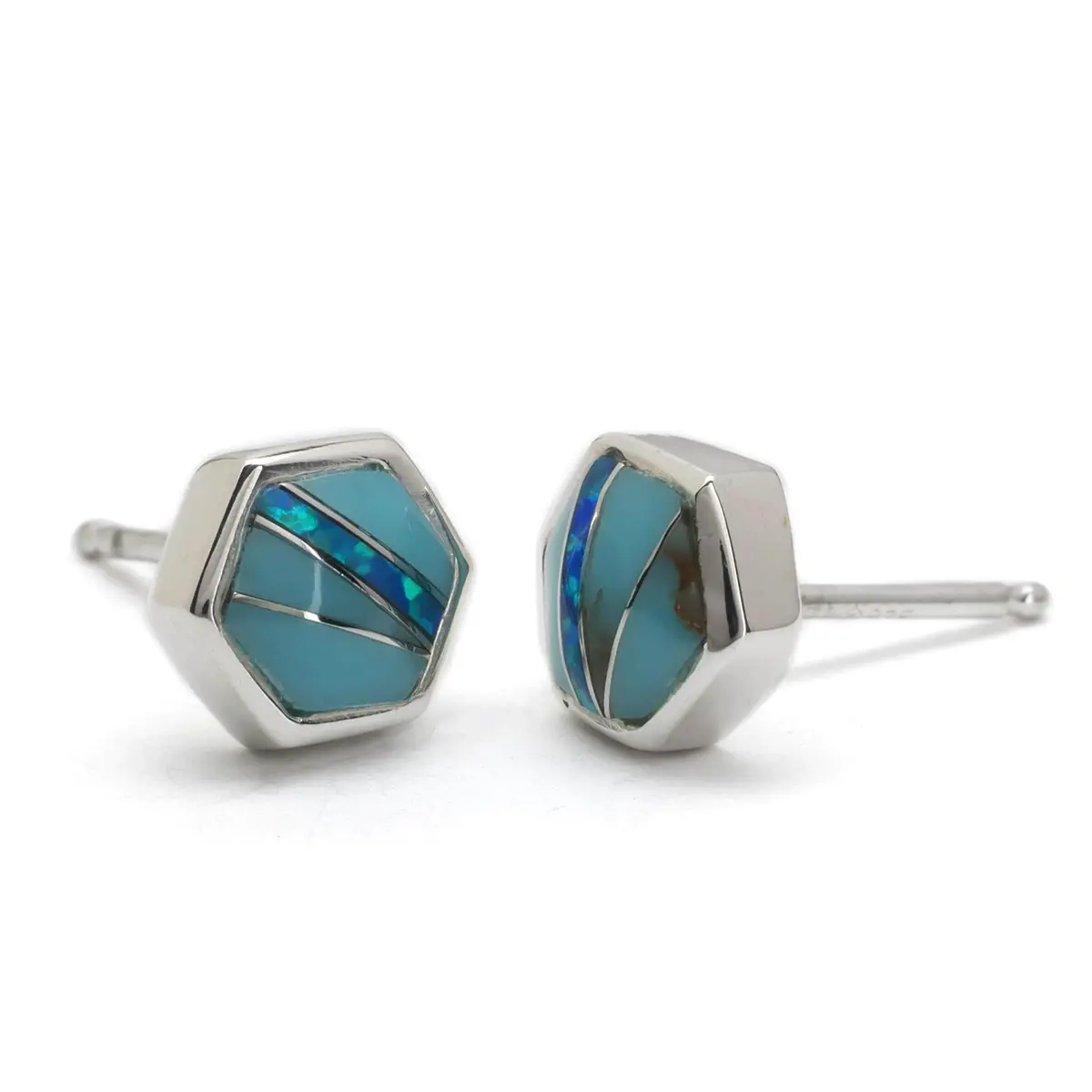 Turquoise Hexagon 925 Sterling Silver Usa Handmade Earring With Stud Backing 2