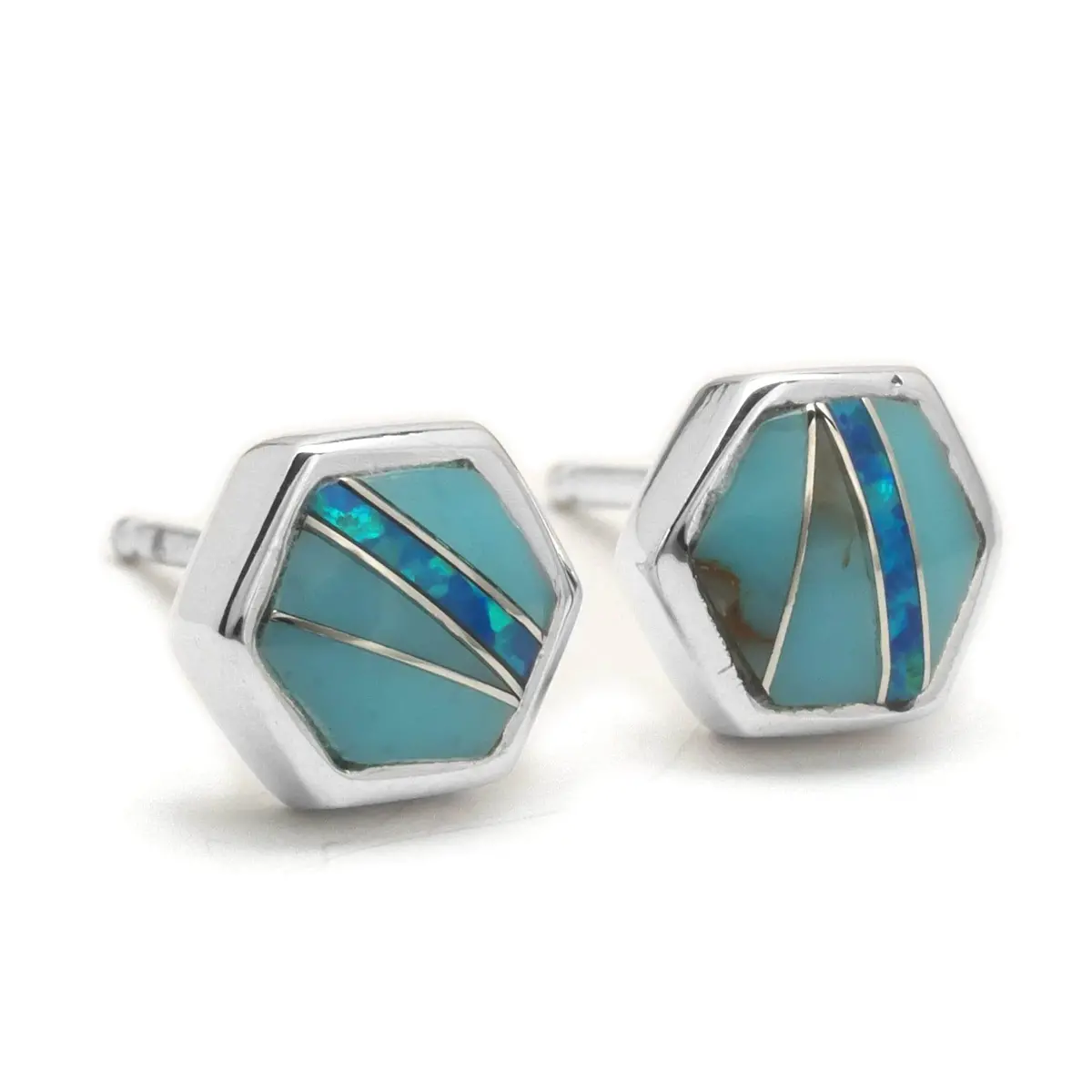 Turquoise Hexagon 925 Sterling Silver Usa Handmade Earring With Stud Backing 1