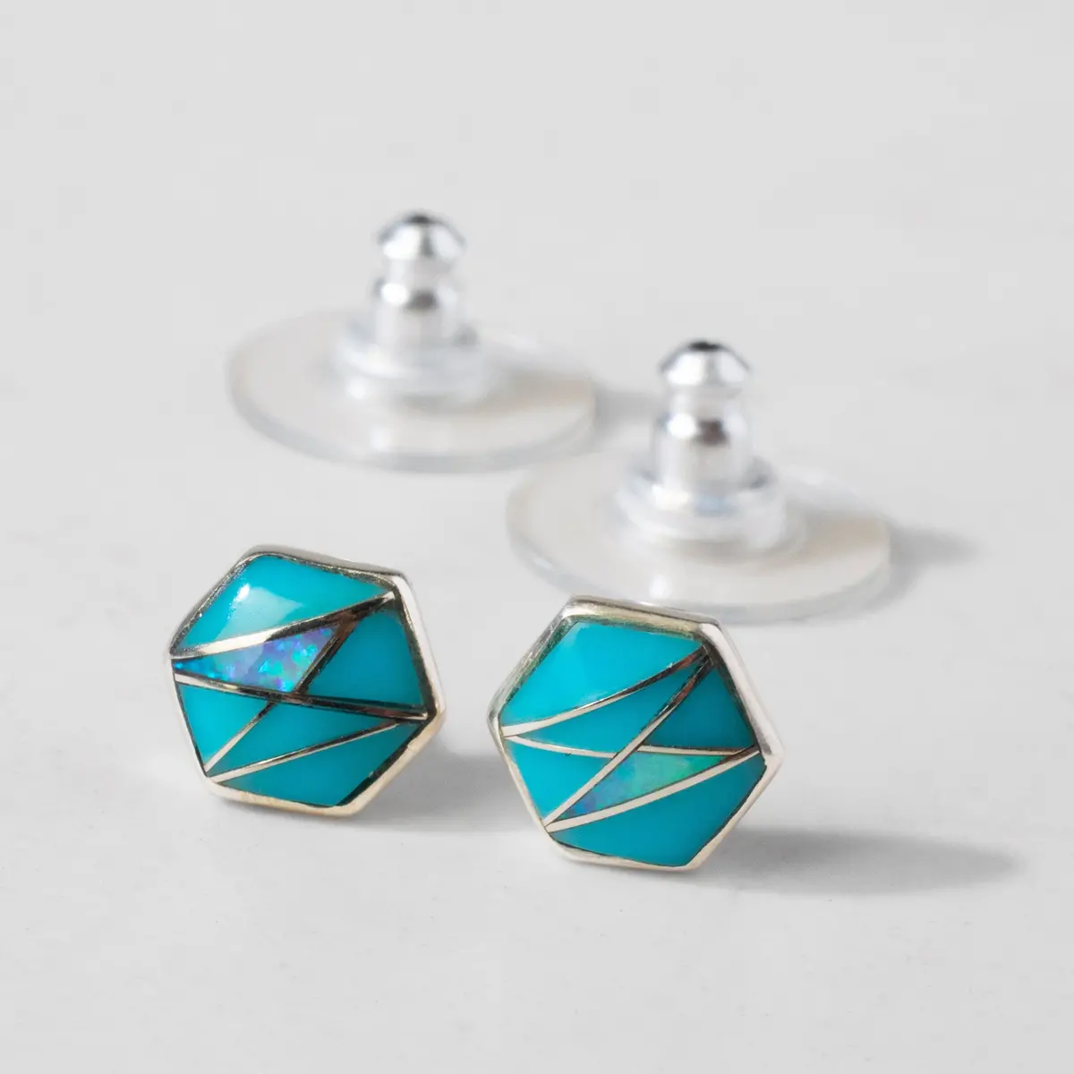 Turquoise Hexagon 925 Sterling Silver Usa Handmade Earrings With Stud Backing 1