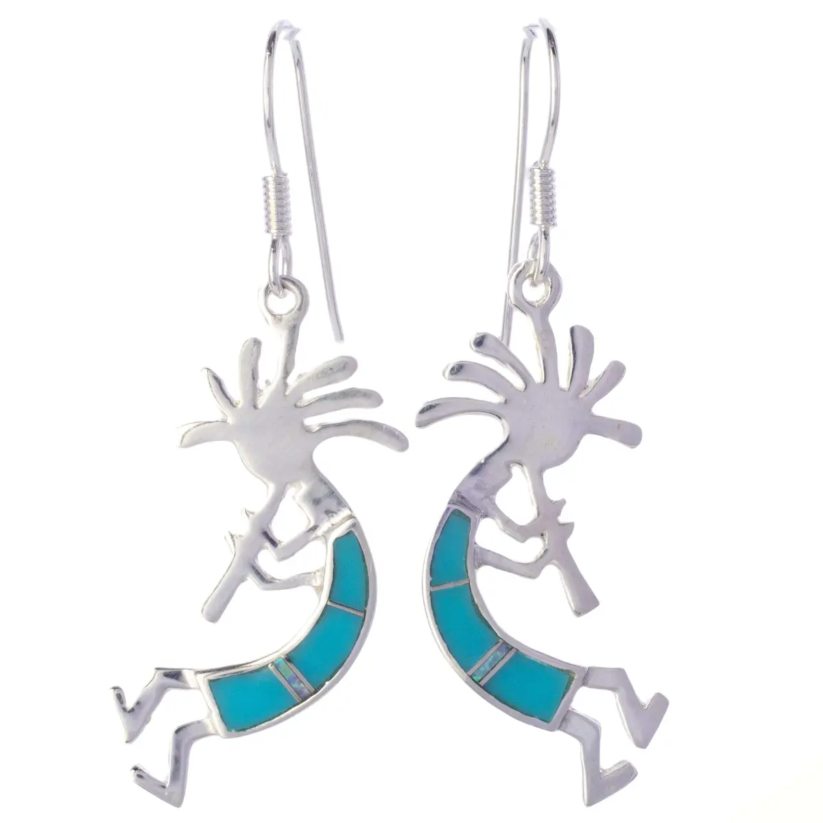 Turquoise Kokopelli Sterling Silver Earrings With French Hook Usa Handmade With Opal Accent 1