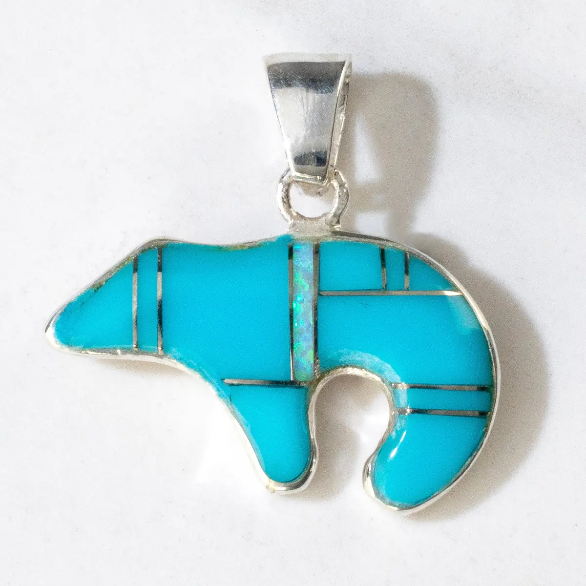 Turquoise & Opal Accent Bear Usa Handmade 925 Sterling Silver Pendant 1