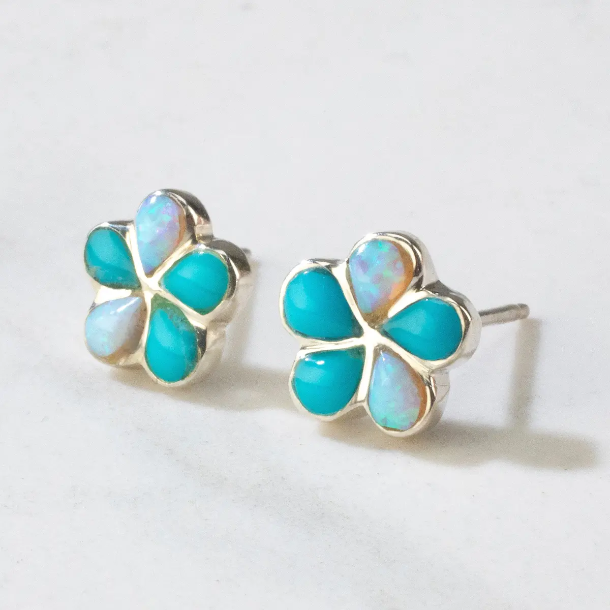 Turquoise & Opal Flower Usa Handmade 925 Sterling Silver Earring With Stud Backing 1