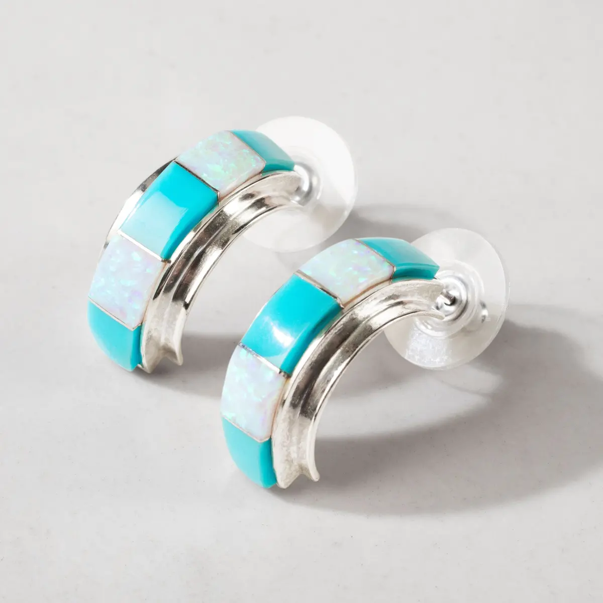 Turquoise & Opal Semi Hoop 925 Sterling Silver Usa Handmade Earrings With Stud Backing 1