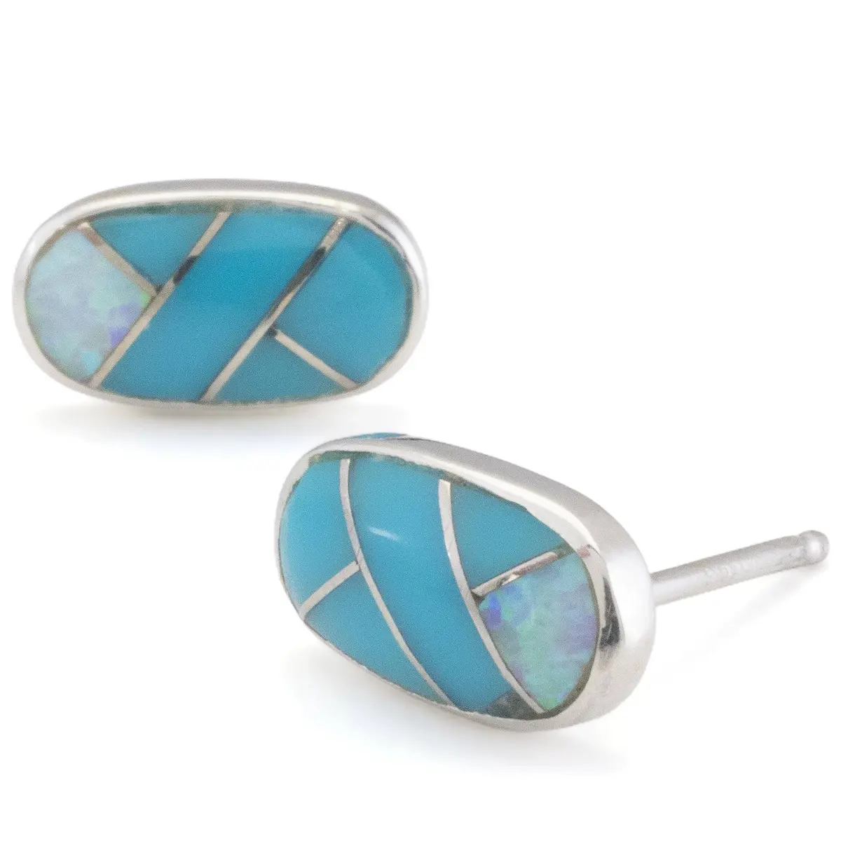 Turquoise Oval Earrings Handmade With Sterling Silver And Opal Accent 1