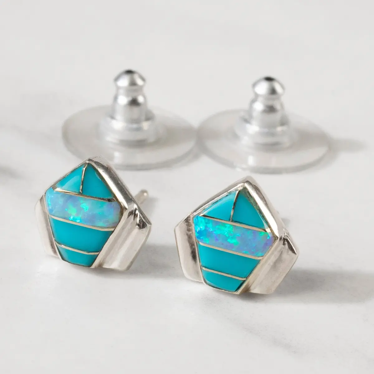 Turquoise Pentagon 925 Sterling Silver Usa Handmade Earring With Stud Backing 1