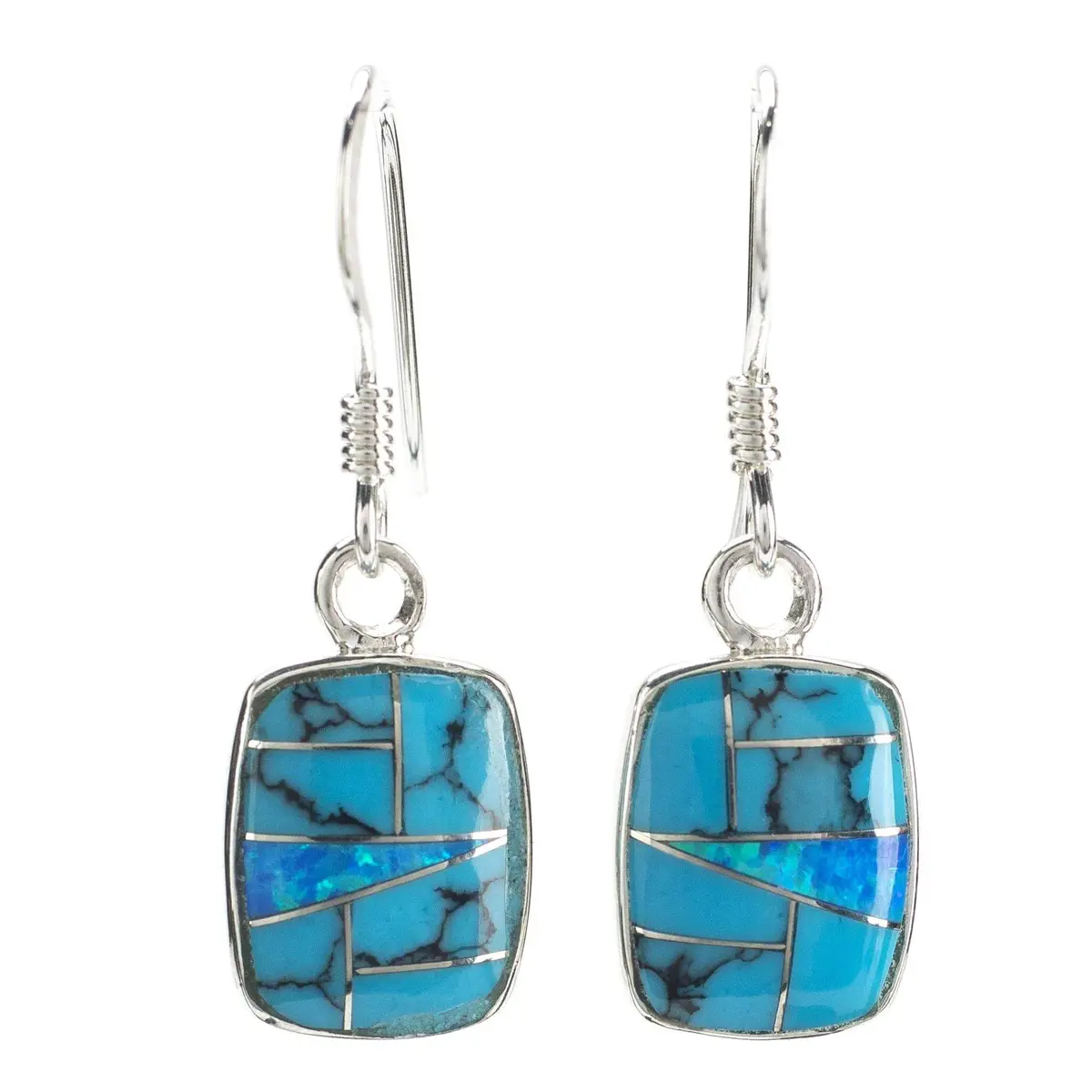 Turquoise Rectangle 925 Sterling Silver Earring With Stud Backing Usa Handmade With Opal Accent 1