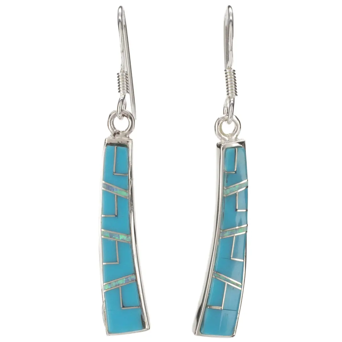 Turquoise Rectangular Earrings Handmade With Sterling Silver And Opal Accent 1