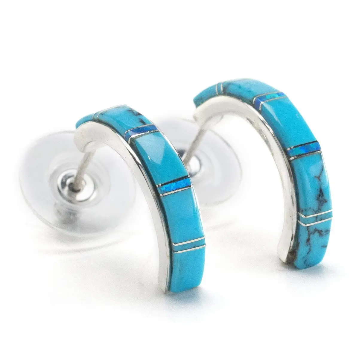 Turquoise Semi Hoop 925 Sterling Silver Earring Usa Handmade With Opal Accent 1