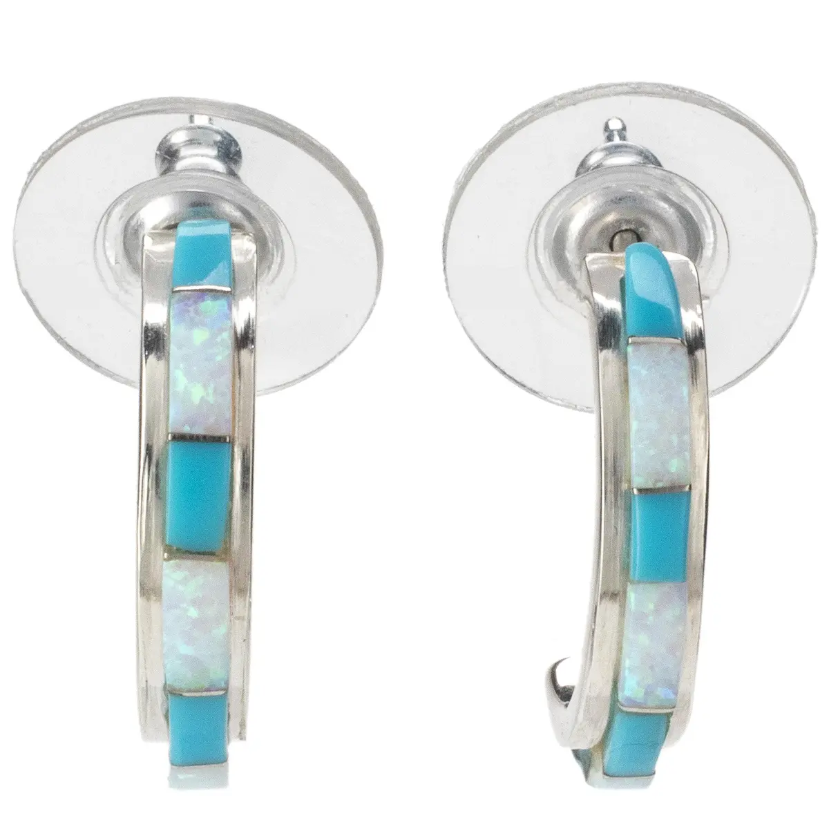 Turquoise Semi Hoop Earrings Handmade With Sterling Silver And Opal Accent 1