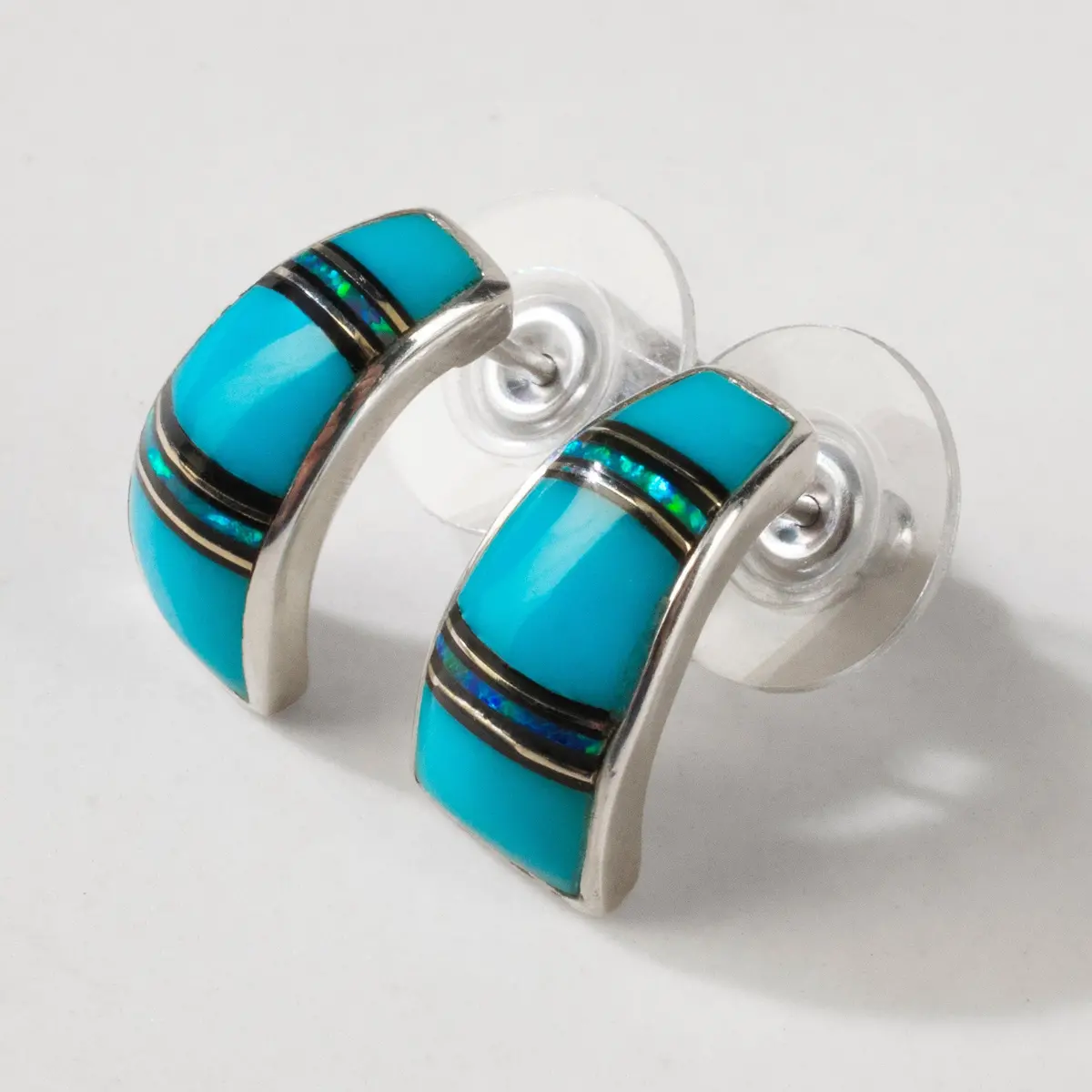 Turquoise Semi Hoop Earrings Handmade With Sterling Silver And Opal Accent 1