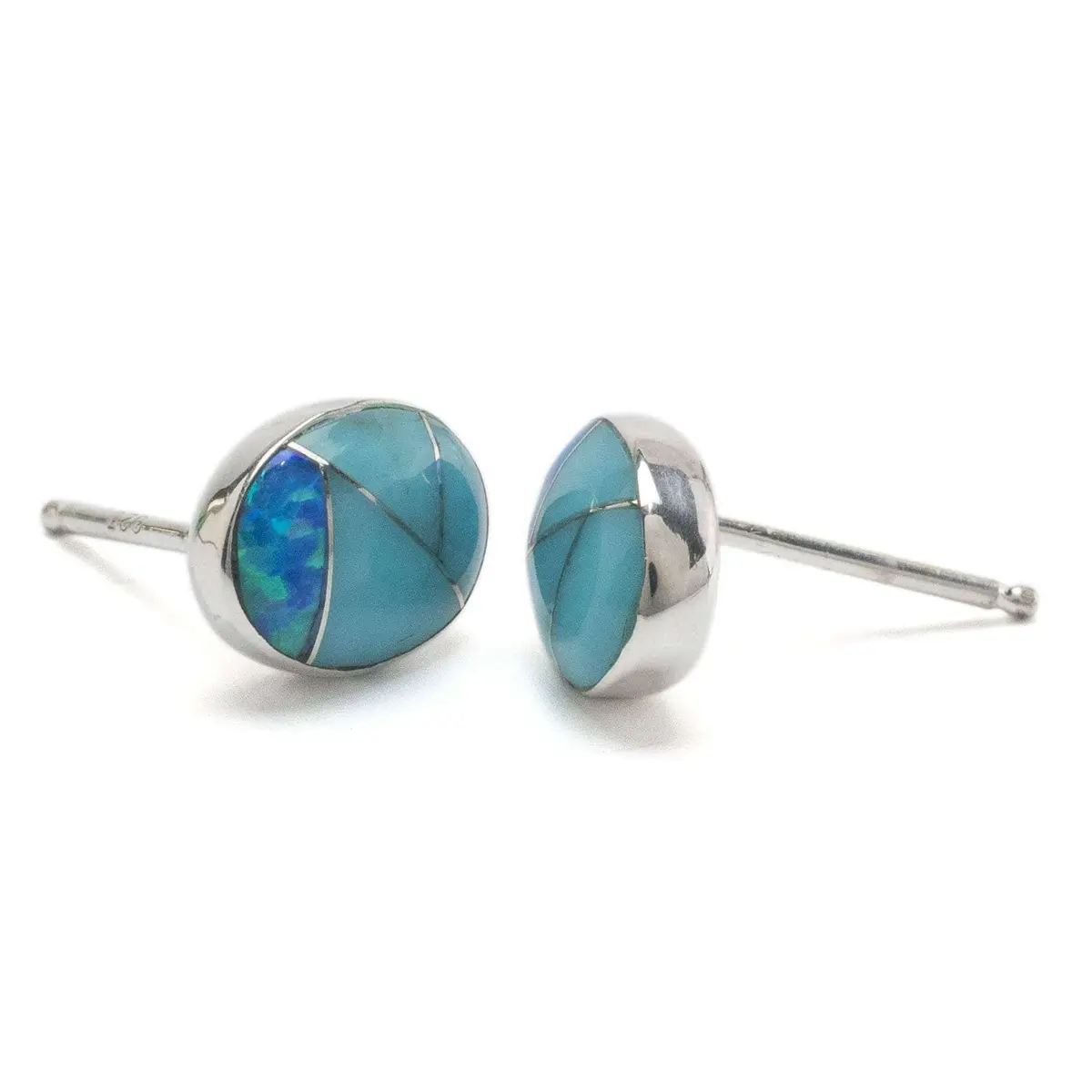 Turquoise Shell Oval 925 Sterling Silver Earring With Stud Backing Usa Handmade With Opal Accent 2