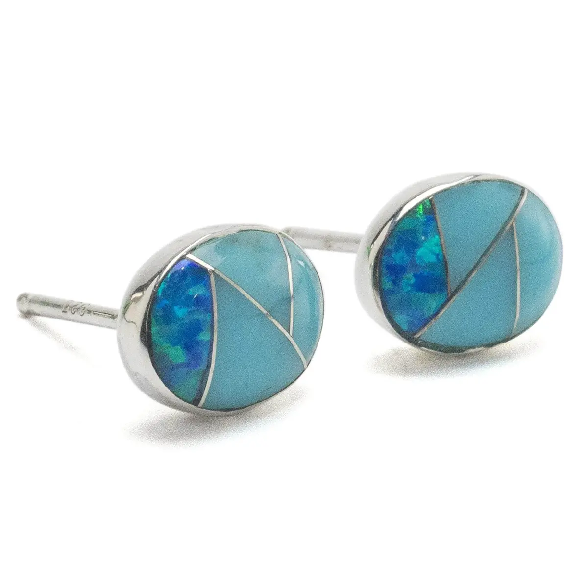 Turquoise Shell Oval 925 Sterling Silver Earring With Stud Backing Usa Handmade With Opal Accent 1