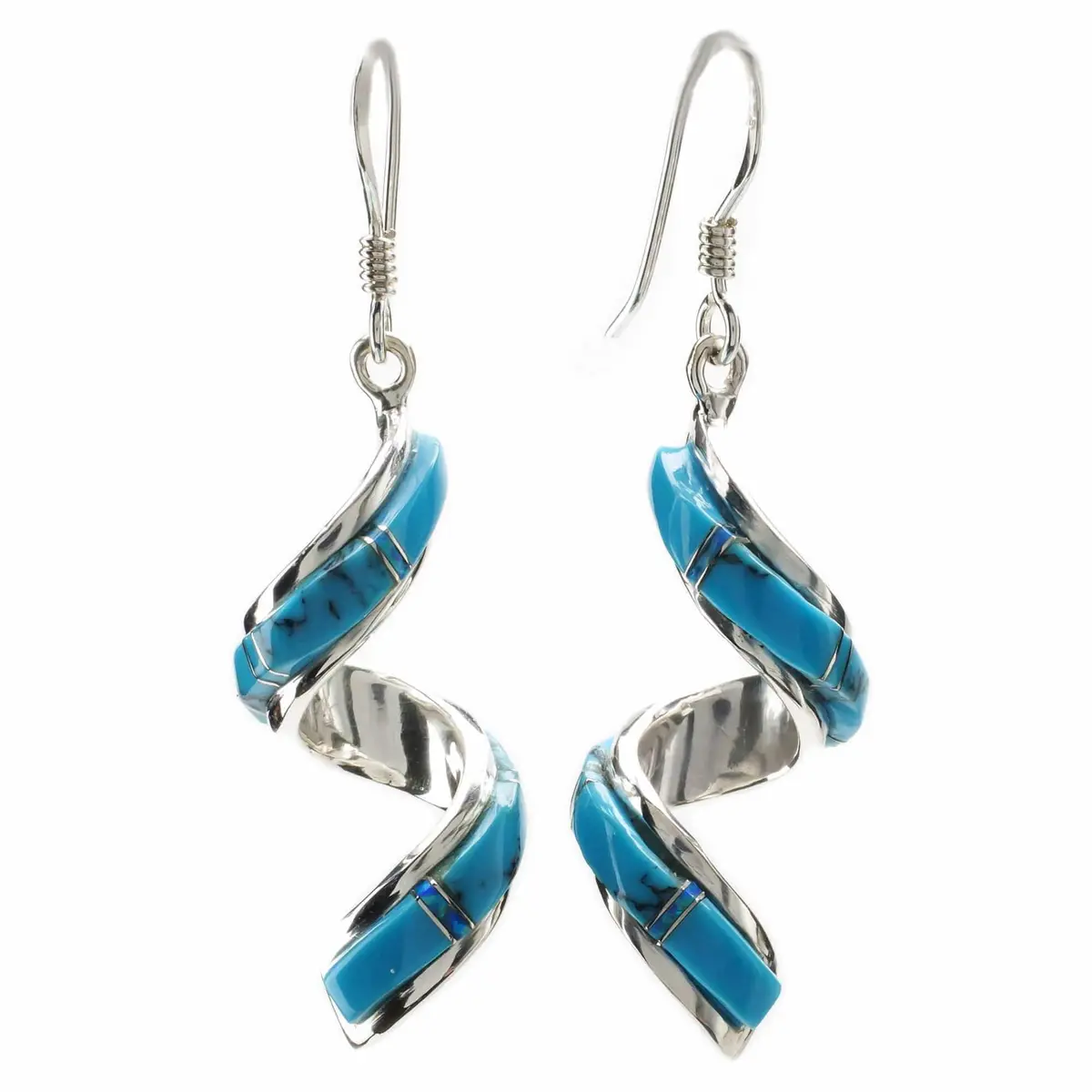 Turquoise Spiral 925 Sterling Silver Usa Handmade Earring With French Hook With Opal Accent 1