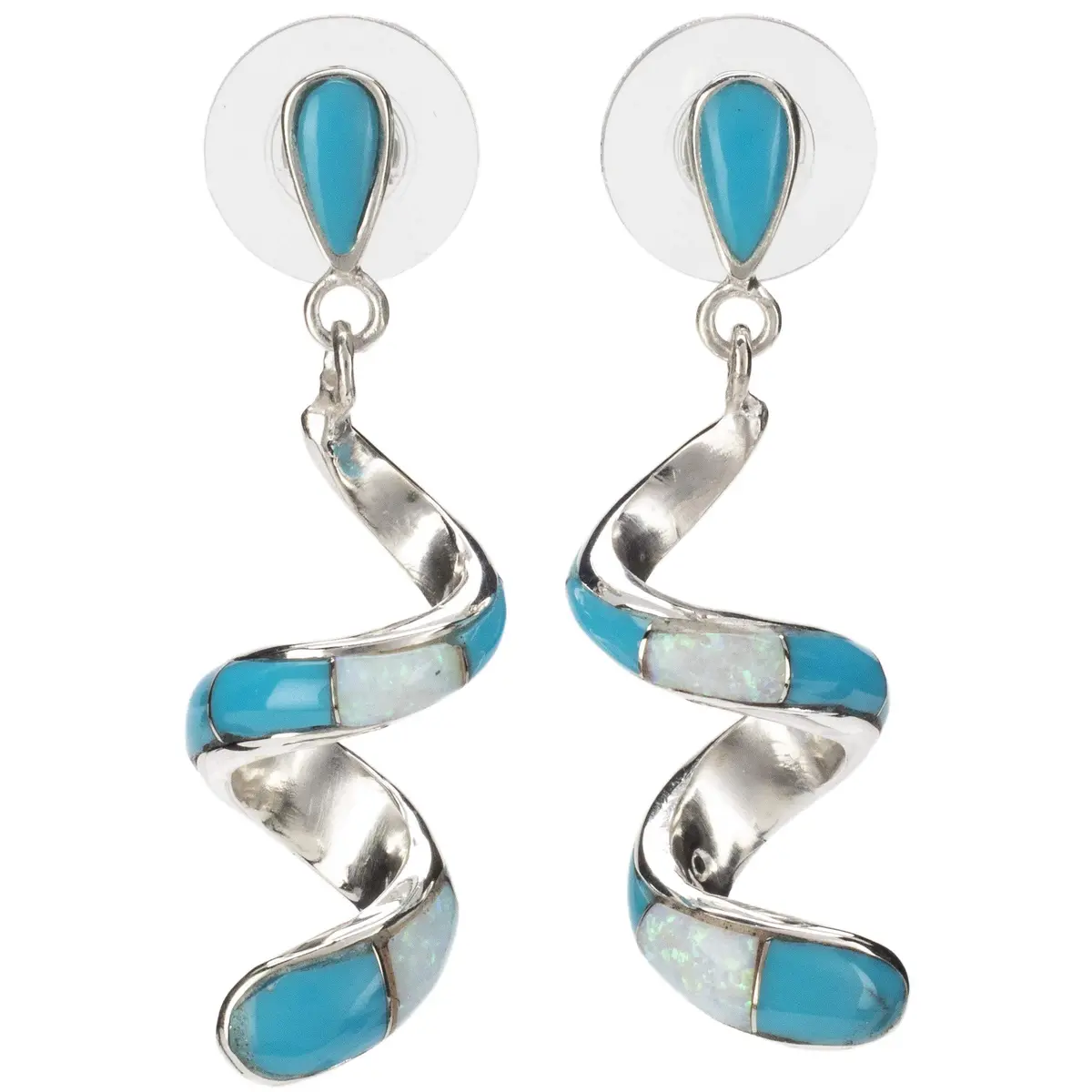 Turquoise Spiral Earrings Handmade With Sterling Silver And Opal Accent 1