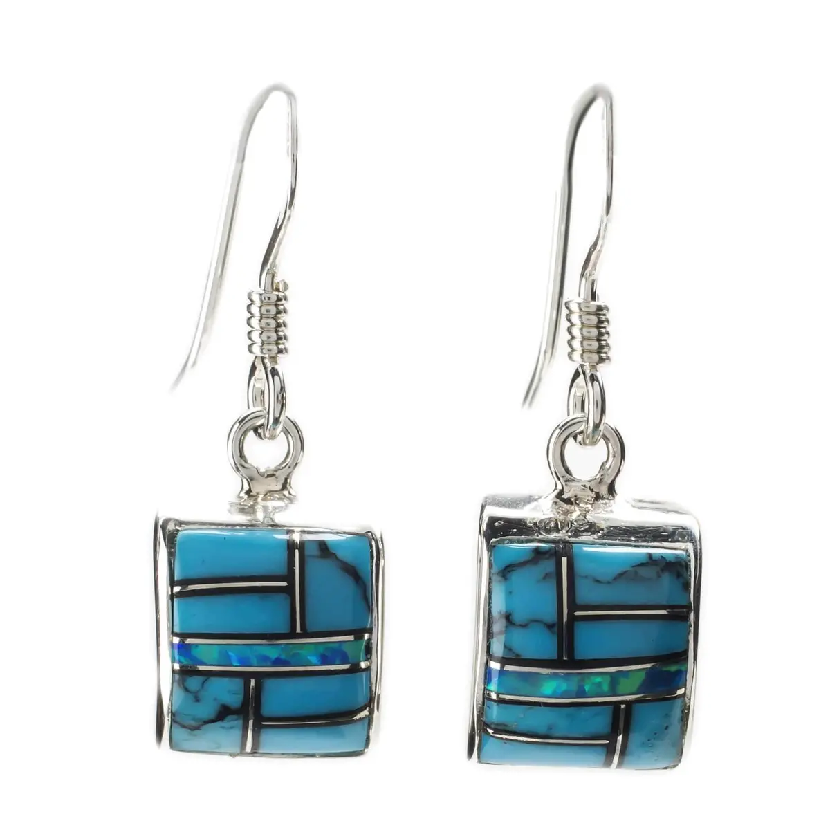 Turquoise Square 925 Sterling Silver Earring With French Hook Usa Handmade With Aqua Opal Accent 1