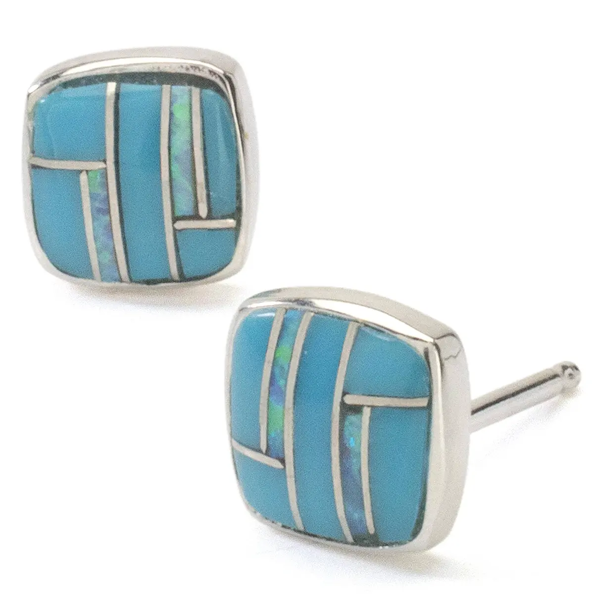Turquoise Square 925 Sterling Silver Earring With Stud Backing Usa Handmade With Opal Accent 1