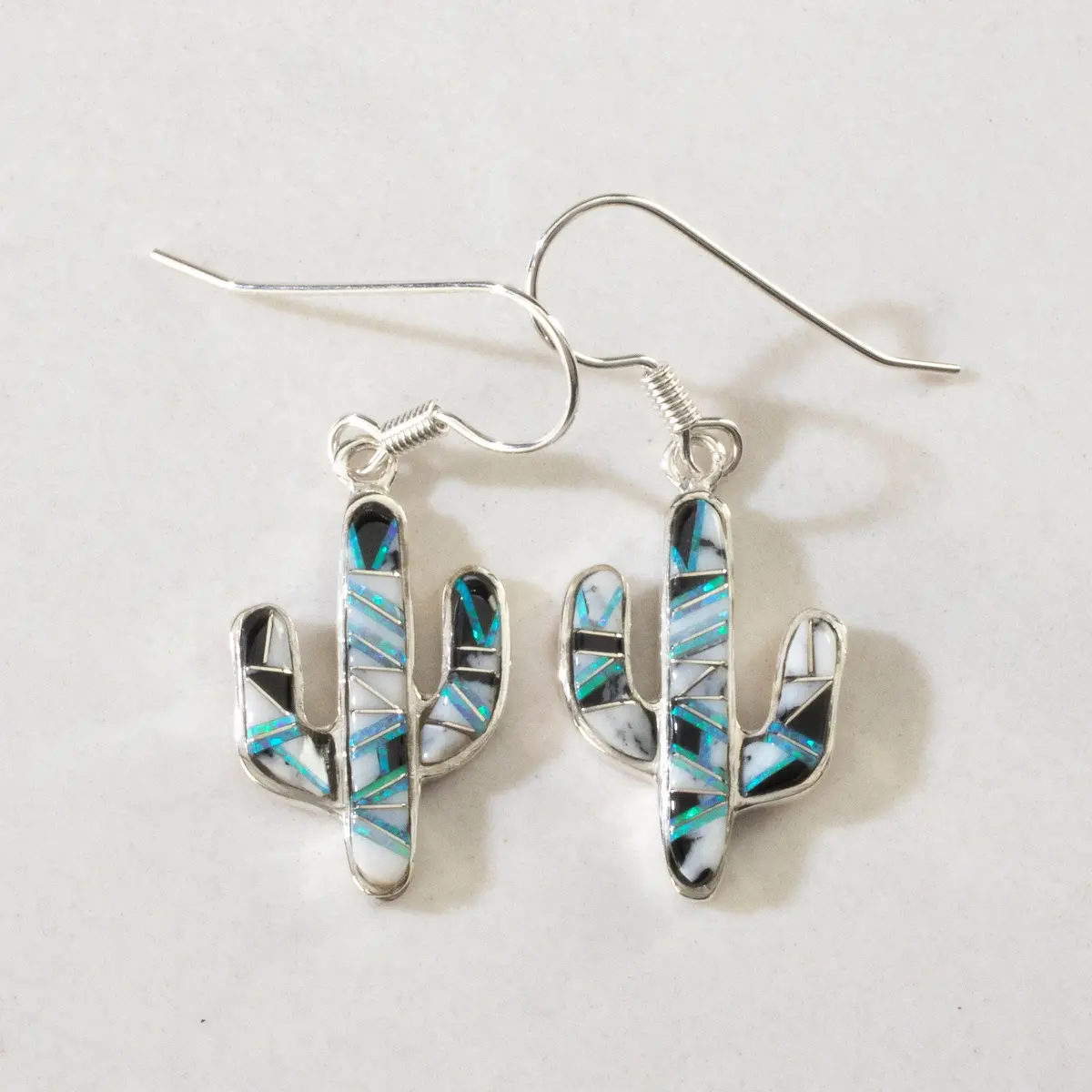 White Buffalo Turquoise Cactus Usa Handmade 925 Sterling Silver Earrings With Opal Accent & French Hook Backing 1