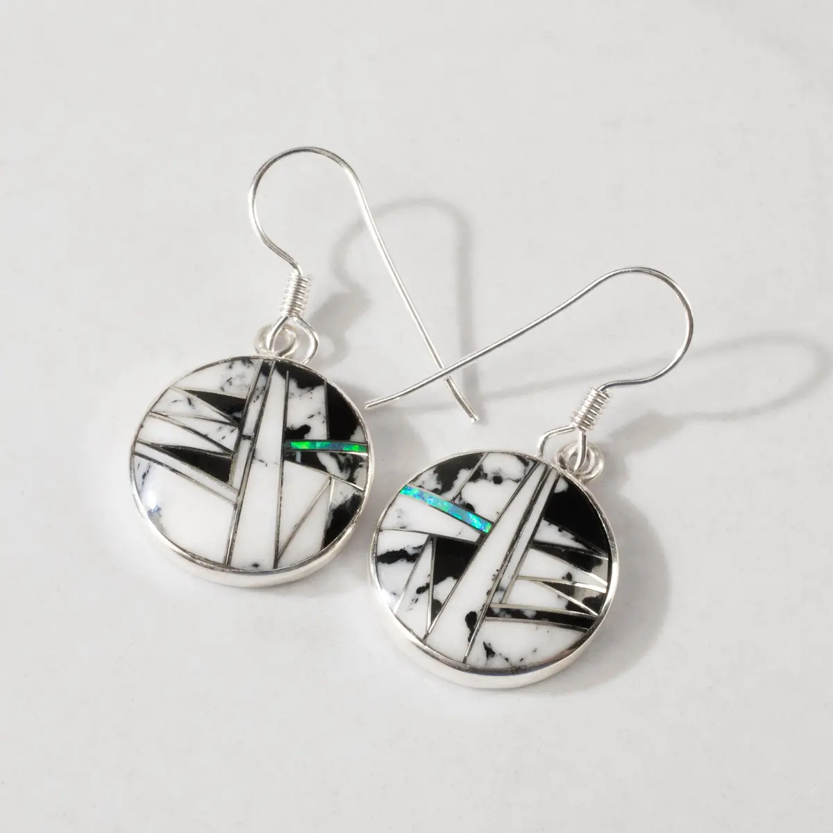 White Buffalo Turquoise Circular Sterling Silver Dangle Earrings With French Hook Usa Handmade With Opal Accent 1