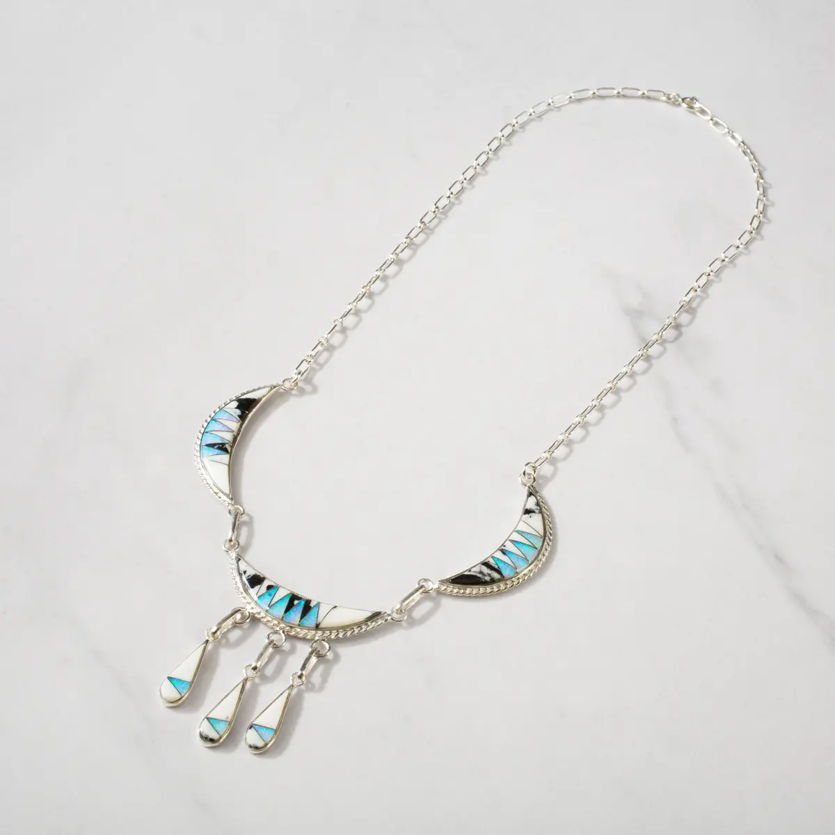 White Buffalo Turquoise Crescent Usa Handmade 925 Sterling Silver Necklace With Opal Accent 1
